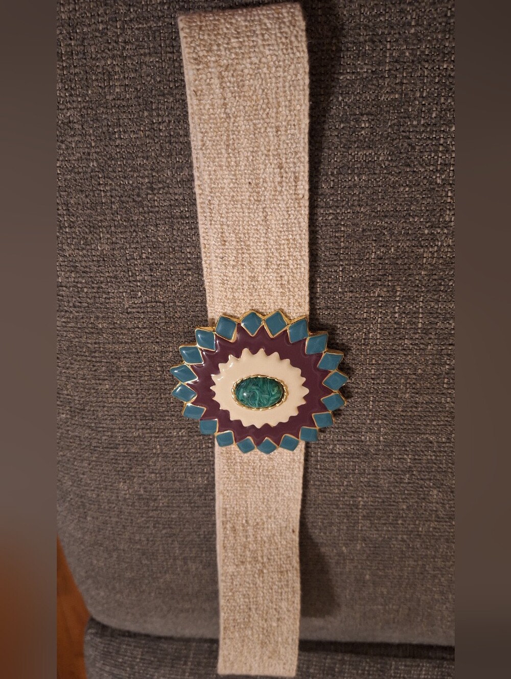 Cream Fabric Belt with Turquoise & Purple Enamel Medallion